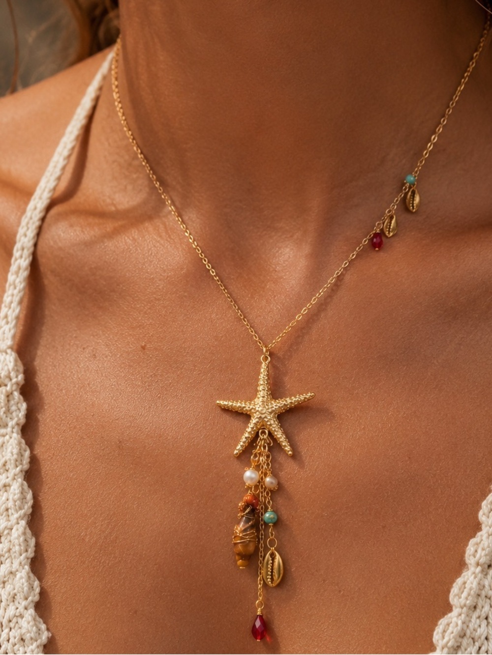 Gold Starfish Shell Charm Necklace | Coastal Beach Boho Mermaid Statement